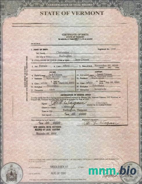 USA Vermont state narodziny certyfikat szablon w formacie PSD